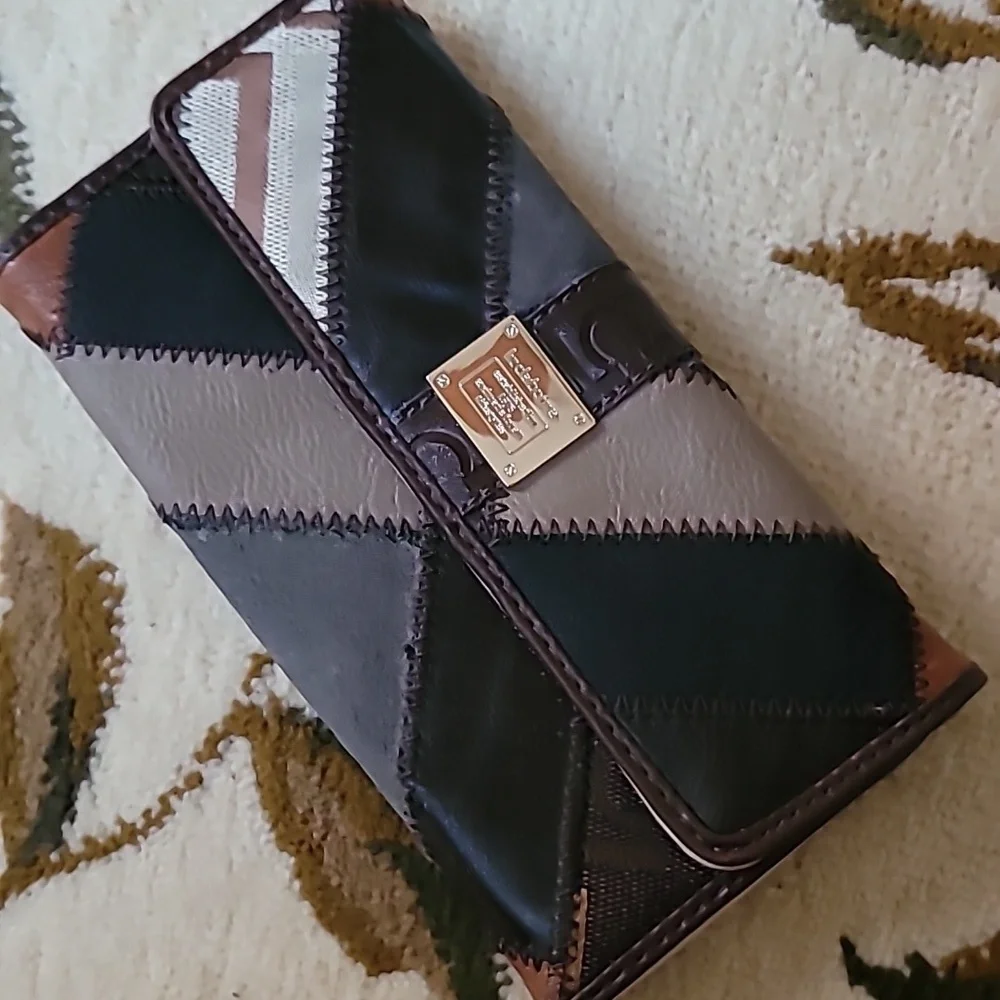 Liz Claiborne Women Brown Multicolor Patchwork Tri Fold Long Faux Leather Wallet
